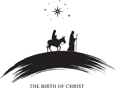 Silhouette of mary and joseph on a donkey under the star of bethlehem