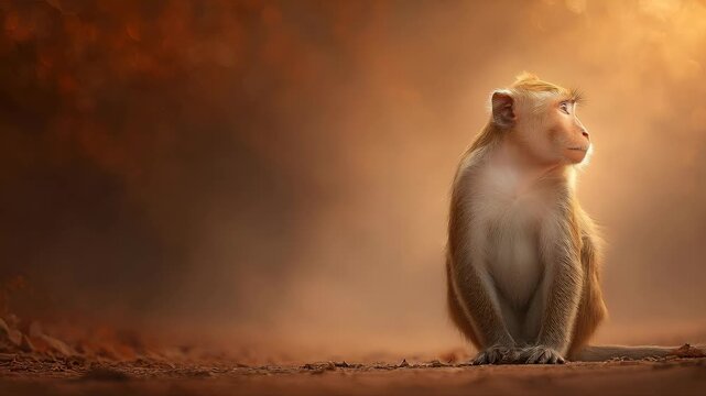 Vervet Monkey Sitting on Red Dirt Road, Looking at Camera with Bright Orange Background