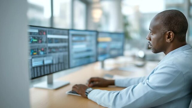 logistics manager in sleek office monitoring hospital wide supply flow through cloud dashboard soft notification chimes connected system three quarter wide angle cinematic color