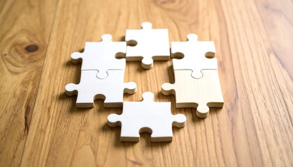 Wooden puzzle pieces arranged in a heart shape on a wooden table depict creativity and problem-solving while inviting interaction