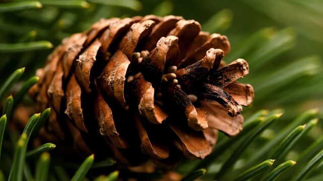 Pinecone in Focus: A detailed image of a single pinecone resting on a bed of fresh pine needles. Capturing a close-up of nature's intricate details