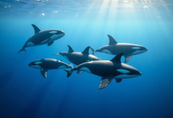Obraz premium A pod of orcas swimming in the ocean, sunlight reflecting on their sleek bodies, swimming, nature photography