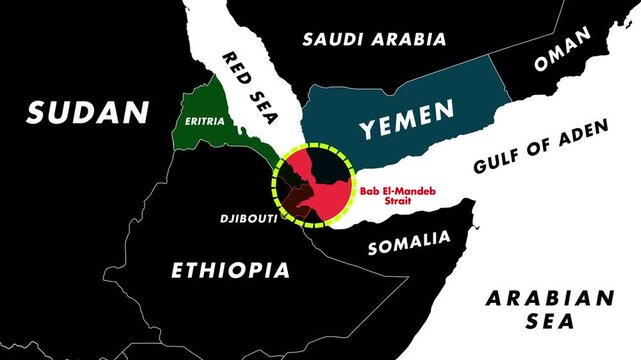 4K Map Animation Of Bab El Mandeb Strait With Rotating Yellow Dotted Circle And Red Pulsing Highlight Showing Labeled Countries And Surrounding Seas