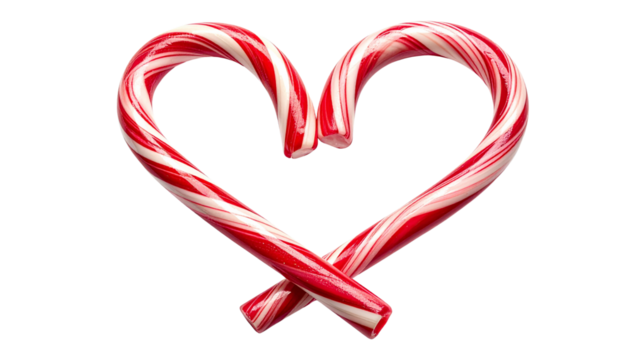 Candy cane twisted into heart shape, isolated on transparent background, modern romantic Christmas symbol.