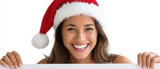 Happy young woman wearing Santa hat holds up a blank sign, smiling joyfully during the holiday season at a well-lit indoor setting