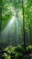 Obraz premium Sunlight streams through lush green forest