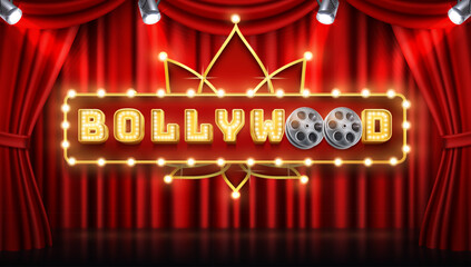 Bollywood theatre marquee sign in red curtain stage background realistic style © Macrovector