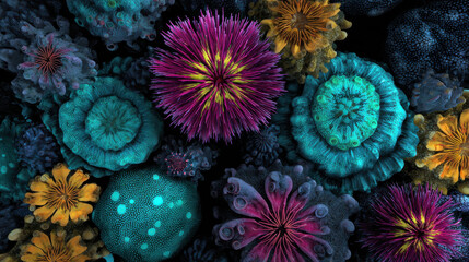 Fototapeta premium Vibrant coral reef system showcases stunning array of colorful marine life with intricate patterns and textures creating mesmerizing underwater