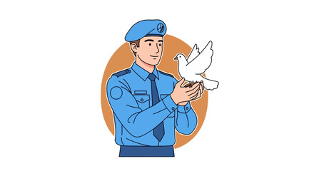 A symbol of peace a man in a blue uniform gently holding a white dove