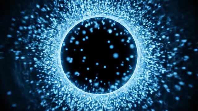 A glowing sphere of blue particles floats amidst computer monitors and data terminals, evoking digital networks