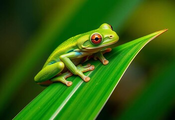 Obraz premium Vibrant green Javan tree frog perched on a leaf, exotic, tree frog