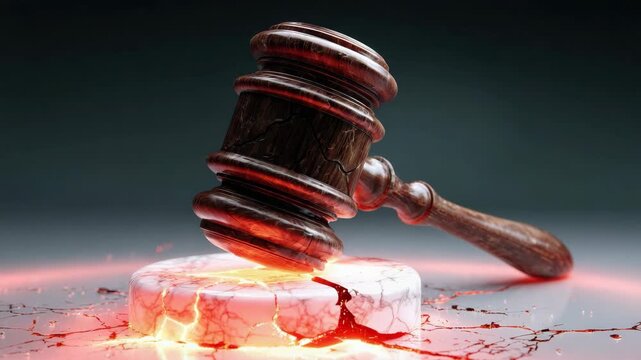 A wooden gavel striking a cracked marble base, with glowing cracks and sparks. The scene conveys themes of justice and authority.