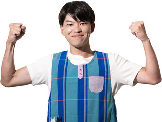 エプロンを着てガッツポーズをする男性　保育士・介護士などのイメージ　背景透明