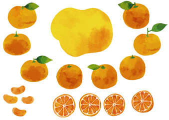 水彩風 温州みかんのイラストセット（葉っぱ付きあり）Winter Fruits Series:Watercolor style Unshu mandarin orange illustration set (with leaves)