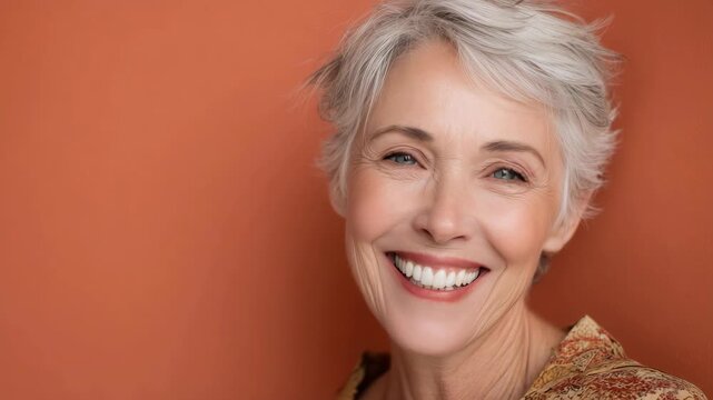 Smiling senior Caucasian woman with short gray hair, wearing a patterned top, against an orange background. She has a warm and friendly expression.