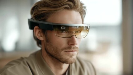 male logistics coordinator wearing AR glasses receiving live updates on supply status subtle data overlay hands free three quarter wide angle cinematic color correction gentle - Powered by Adobe