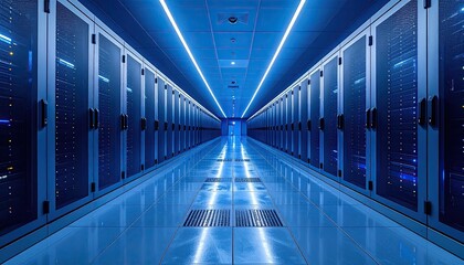 Endless Blue Data Center Server Room with Glowing Lights and Racks of Computers stretching into the distance creating a futuristic digital environment.
