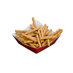A Pile of French Fries on Red Square Paper Bowl 3D Render Illustration