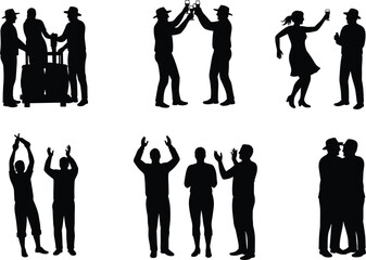 Obraz premium Silhouette People Engaged in Social Activities, Celebrating, Dancing, Toasting, Taking Selfies, Interacting in Groups, Vector Art for Community Concepts