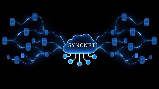 Digital cloud network diagram with the word SYCNET in the center and connected nodes Keywords: cloud computing, network, data, technology, digital, connection, syncnet, information, system