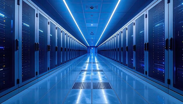 Endless Blue Data Center Server Room with Glowing Lights and Racks of Computers stretching into the distance creating a futuristic digital environment.