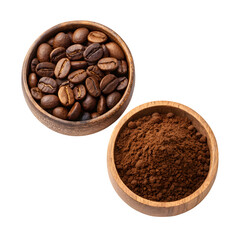 Fototapeta premium Coffee Bean and Ground Coffee Bowls on a White Background, Ready to Brew - Transparent Background