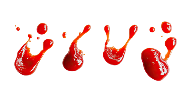 Red condiment droplets in various dynamic shapes, with splash effects, on a black backdrop
