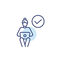 Woman working remotely at laptop with checkmark, verified access, secure profile. Pixel perfect, editable stroke vector icon