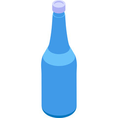 Isometric blue glass bottle with white cap filled with clear liquid on a transparent background representing a beverage container or water bottle design element