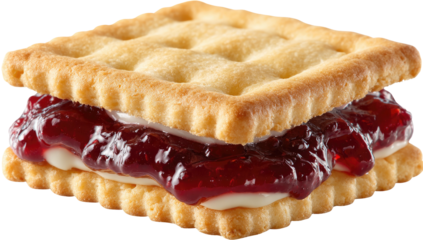 Stacked square crackers with jam and cream filling. Appetizing treat, tasty, delicious, fresh, vibrant