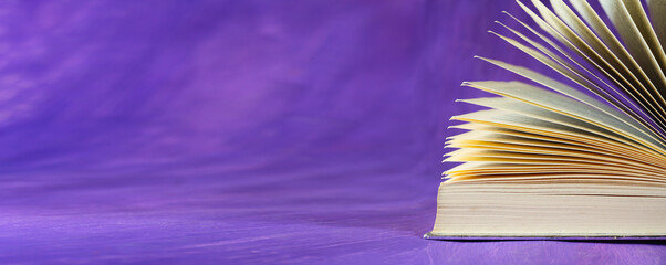 Open book, reading, education, literature, library, back to school concept. Close up shot with narrow depth of field. Panoramic  format with large  copy space.  © Thomas Bethge