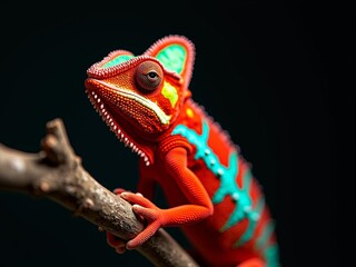 Obraz premium Vibrant red and turquoise chameleon perched on a branch. Macro portrait of an exotic reptile with colorful skin