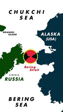 4K Vertical Map Animation Of Bering Strait With Rotating Yellow Dotted Circle And Red Pulsing Highlight Showing Alaska, Russia, Siberia, And Labeled Seas