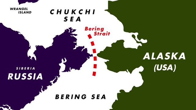 4K Map Animation Of Bering Strait Showing Forward Moving Red Dotted Line Route Across Alaska, Russia, And Labeled Bering And Chukchi Seas