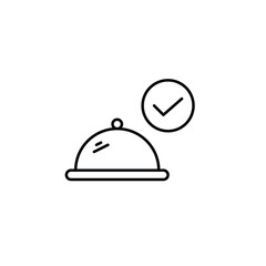 Restaurant food cloche and checkmark. Verified dining, chef choice. Pixel perfect, editable stroke vector icon