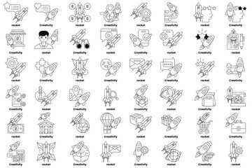 set of illustrations in the concept of rockets and various objects in line art style