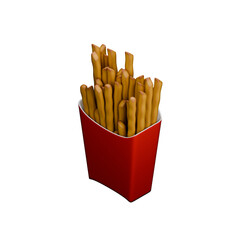 Bunch of Sticky French Fries on Red Packaging 3D Render Illustration