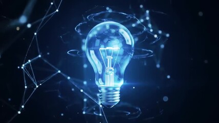 Animation showing a glowing digital light bulb symbolizing ideas and innovation, surrounded by blue digital network connections - Powered by Adobe