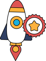 A rocket is flying through space with a star and a star sticker on it