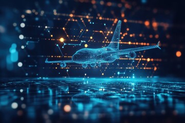 Digital render of an airplane illuminated by blue and orange lights in a futuristic environment