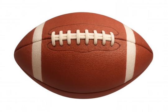 American football ball showing its textured brown leather surface, white laces, and stripes on a transparent background