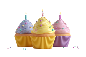 Three frosted cupcakes, each with a lit candle. Sprinkles and a dark background complete the celebratory scene