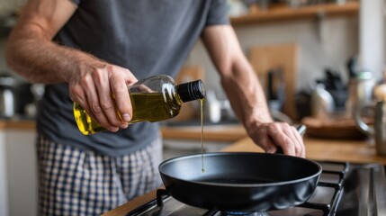 Close-up of a man in a kitchen pouring vegetable or olive oil from a glass bottle into a black frying pan on a stove.