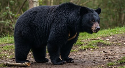 Fototapeta premium Black bear standing outdoors in natural environment with lush green background
