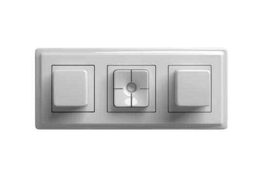 White triple light switch with dimmer for modern home automation systems on transparent background