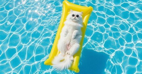 A fluffy white cat wearing sunglasses is relaxing on a yellow raft in shimmering blue water.
