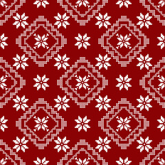 Christmas and New Year seamless pattern. Red snowflakes on white pixel pattern for winter hat,sweater, wrapping,fabric .