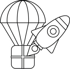 A black and white drawing of a rocket and an umbrella