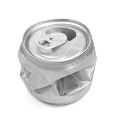 Crumpled empty blank aluminium can isolated on white background