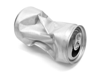 Crumpled empty blank aluminium can isolated on white background